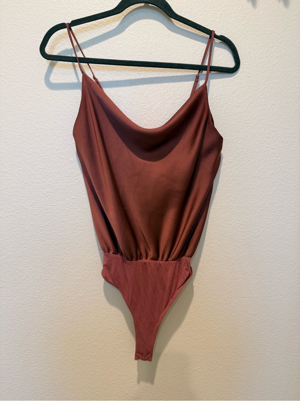 Lulus Satin Cowl Neck Bodysuit in Rust